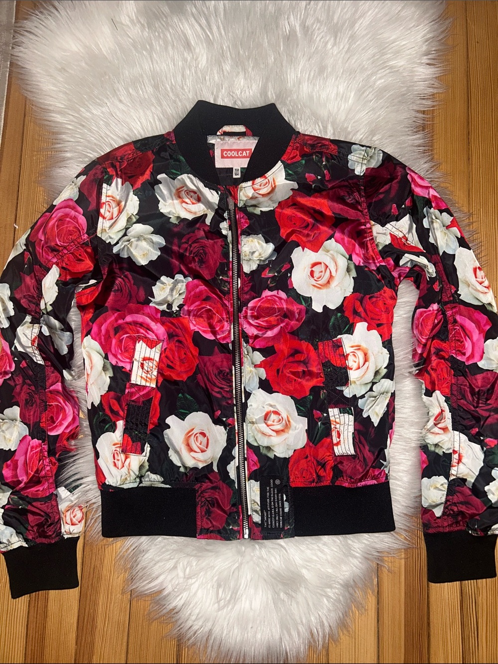 Kids Floral Bomber Jacket in Black with Multicolor Roses